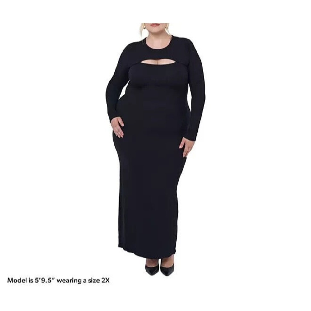 Edited by Remi Bader Womens Cutout Dress 2X Black Rib Knit Bodycon Long Sleeve